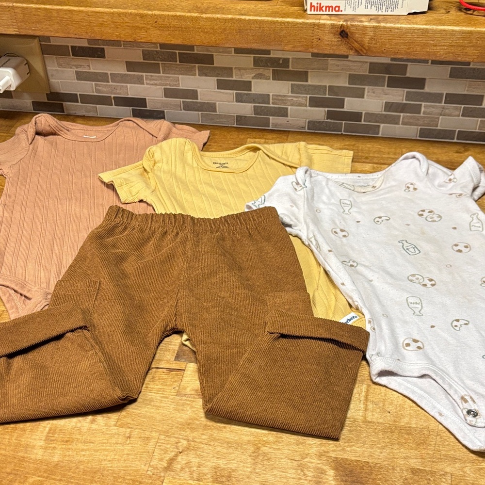 Baby onesies and Pants Set in Yellow, Tan, and White- gerber and carters